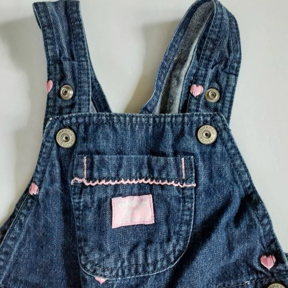 Oshkosh Girls Overalls Denim Jean Hearts Embroidered 18 Months
